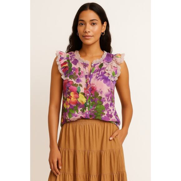 Nicole Miller Floral Gauze Button Down Lace Top L - Picture 1 of 6
